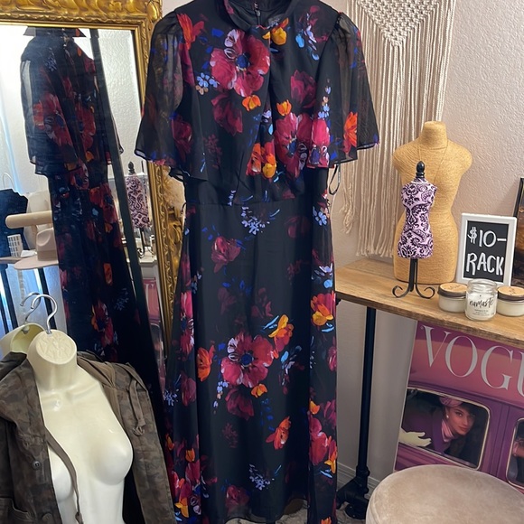 NWT DONNA RICCO Women's Floral-Print Belted Flutter-Sleeve Dress - Picture 5 of 7